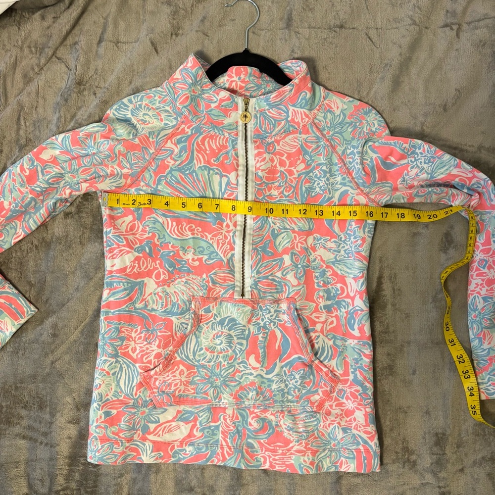 Lilly Pulitzer Coral & Aqua Floral Half-Zip Pullover Palm Tree Zip Detail Sz XS - Picture 5 of 8